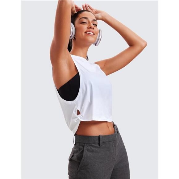 Pima Cotton Cropped Workout Tank Tops for Women - Sleeveless Sports - Picture 5 of 8